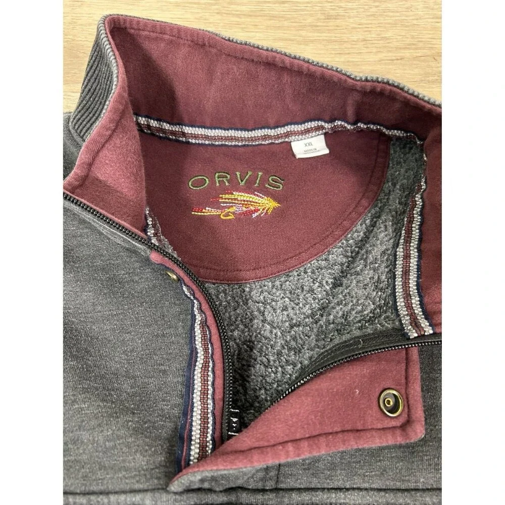 Orvis Quarter Zip Charcoal Gray Maroon Pullover Sweater Size XXL